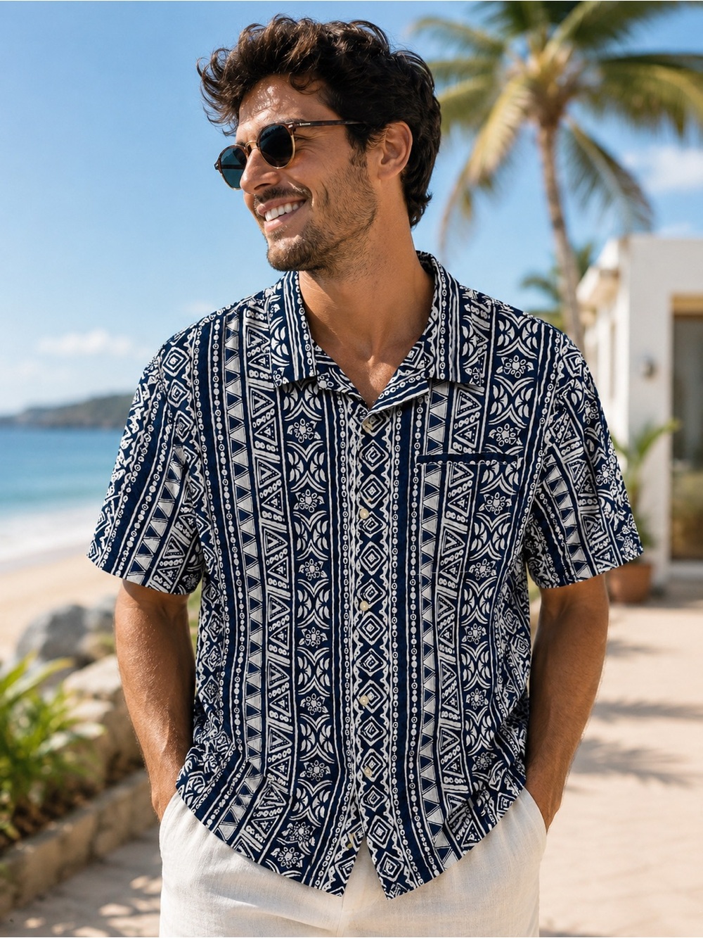 Tommy Bahama Navy and White Geometric Short-Sleeve Button-Up Shirt